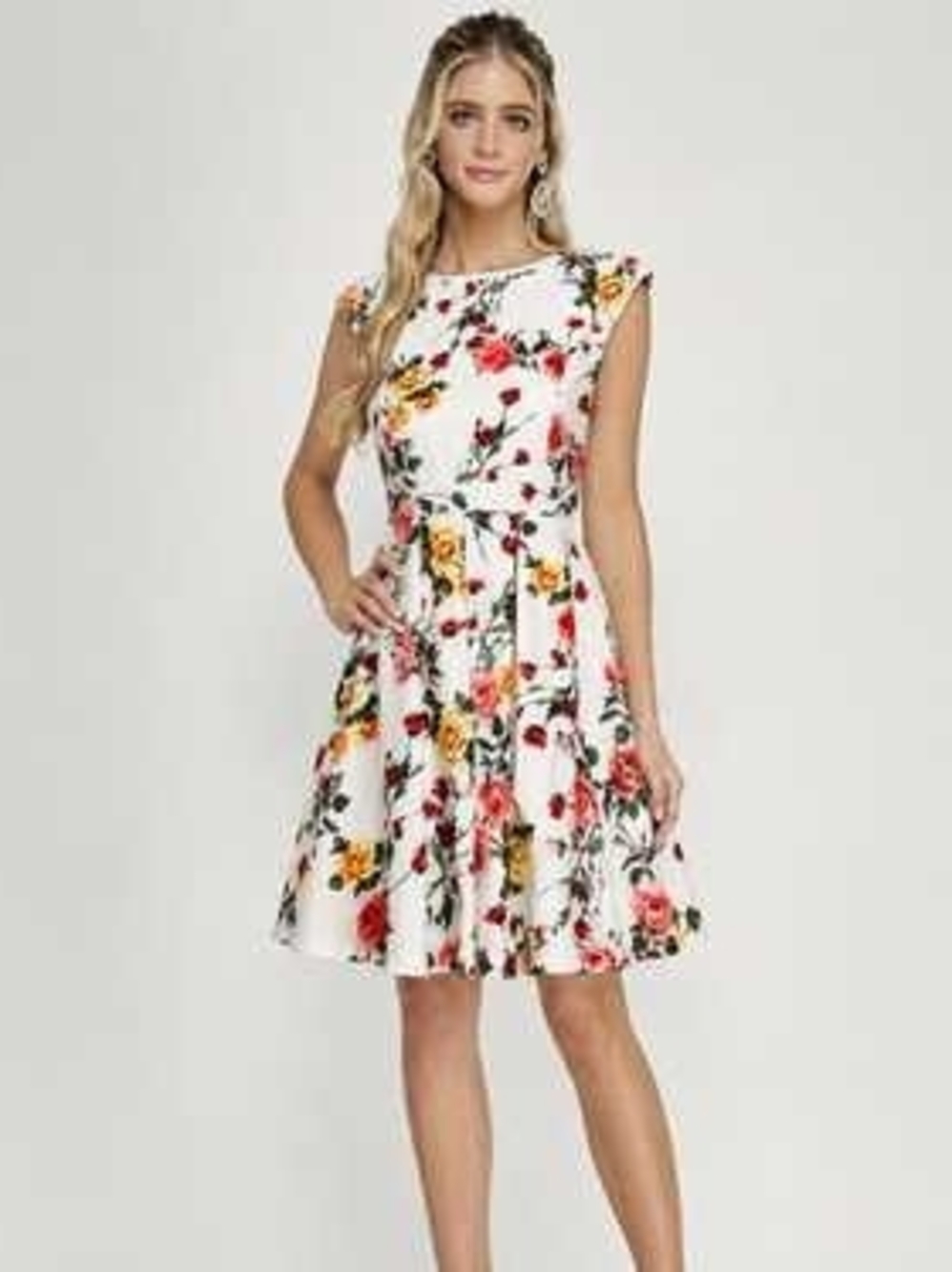 Emerald Sundae White Fit-and-Flare Dress with Pink & Yellow Floral Print